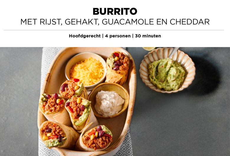 Burrito met rijst, gehakt, guacamole en cheddar