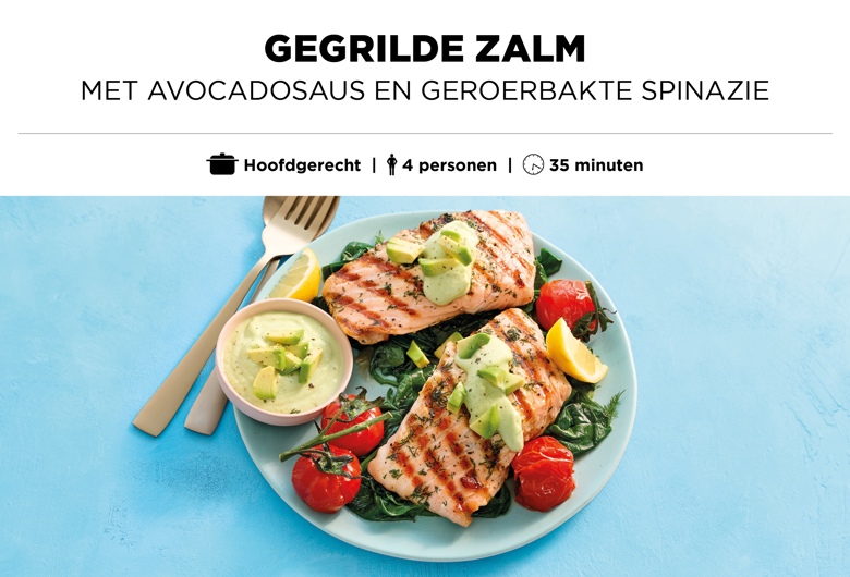Gegrilde zalm met avocadosaus en geroerbakte spinazie