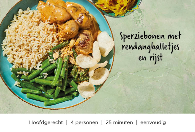 Sperziebonen met rendangballetjes en rijst