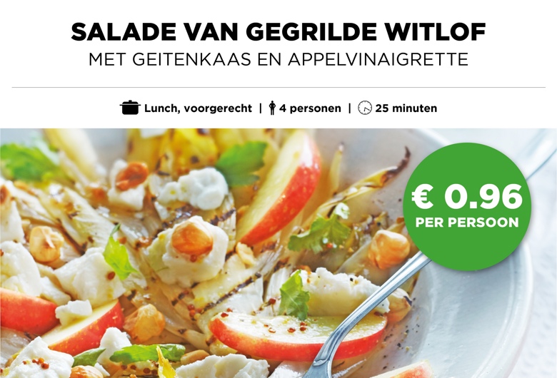 Salade van gegrilde witlof met geitenkaas en appelvinaigrette