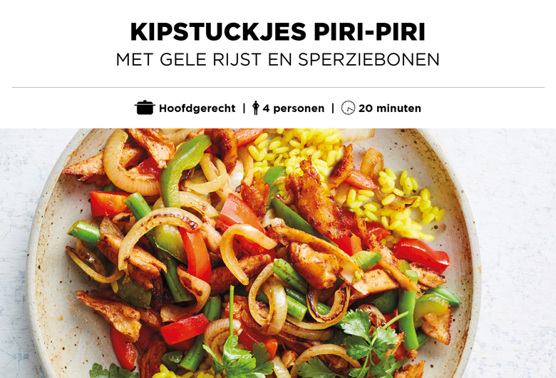 Kipstuckjes Piri-Piri met gele rijst en sperziebonen