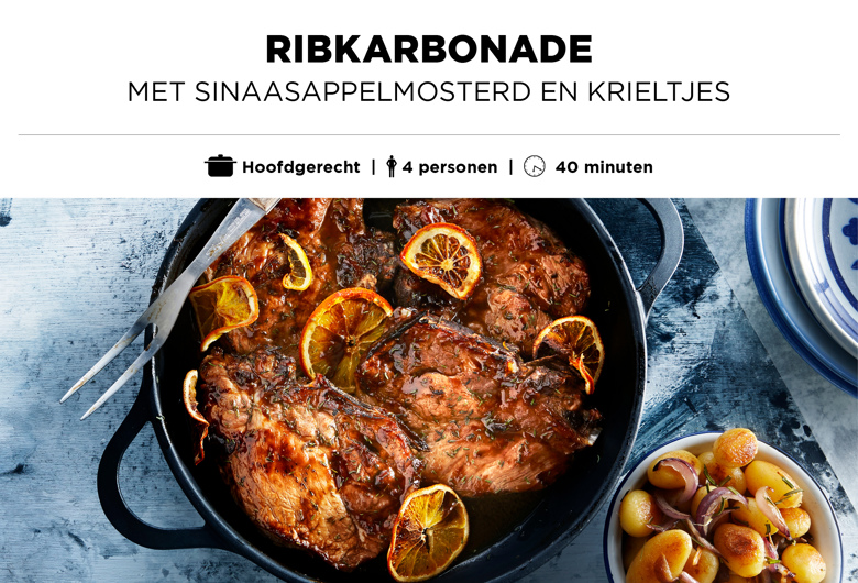 Ribkarbonade met sinaasappelmosterd en krieltjes