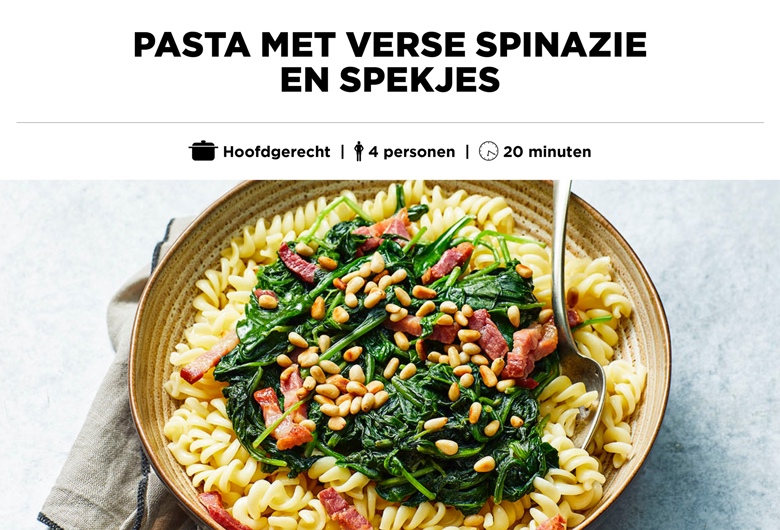 Pasta met verse spinazie en spekjes