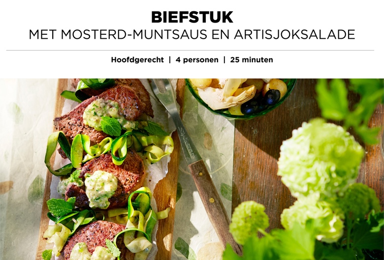 Biefstuk met mosterd-muntsaus en artisjoksalade