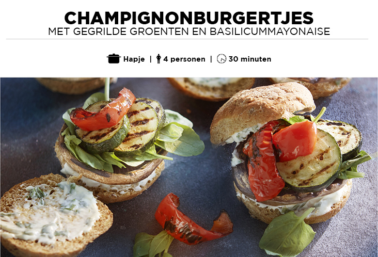 Champignonburgertjes met gegrilde groenten en basilicummayonaise