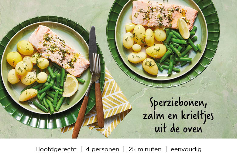 Sperziebonen, zalm en krieltjes uit de oven