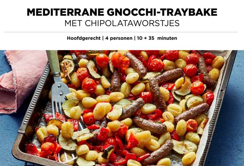 Mediterrane gnocchi- traybake met chipolataworstjes