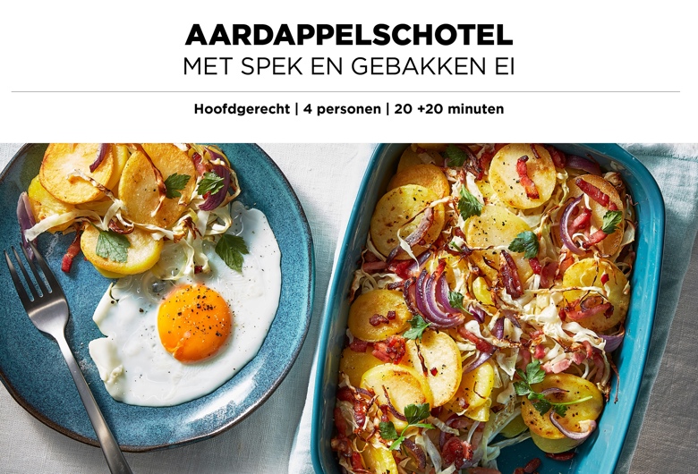 Aardappelschotel met spek en gebakken ei