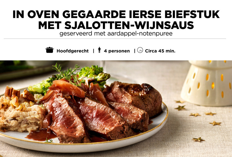 In oven gegaarde Ierse biefstuk met sjalotten-wijnsaus