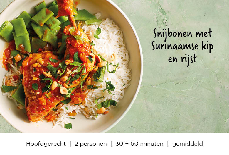 Snijbonen met Surinaamse kip en rijst