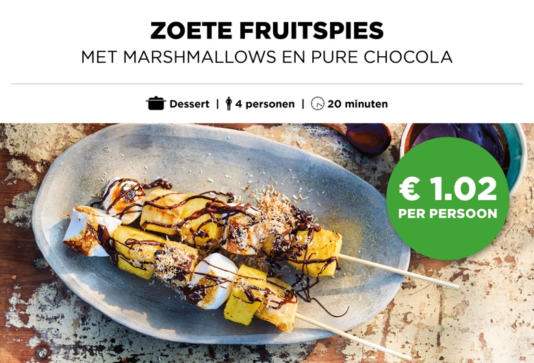 Zoete fruitspies met marshmallows en pure chocola