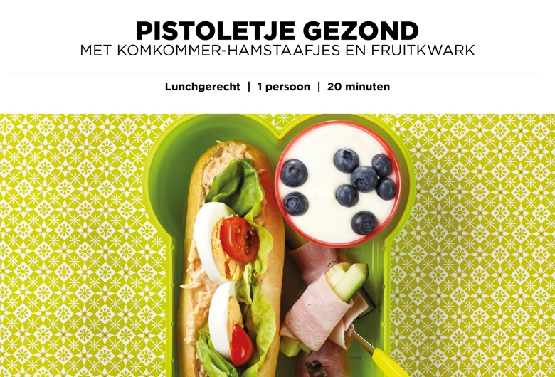 Pistoletje gezond Met komkommer-hamstaafjes en fruitkwark