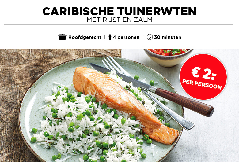 CARIBISCHE TUINERWTEN MET RIJST EN ZALM