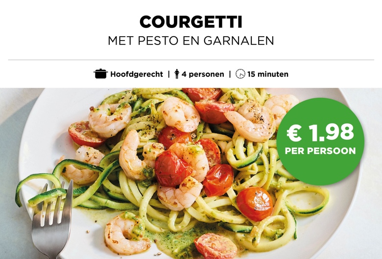 Courgetti met pesto en garnalen