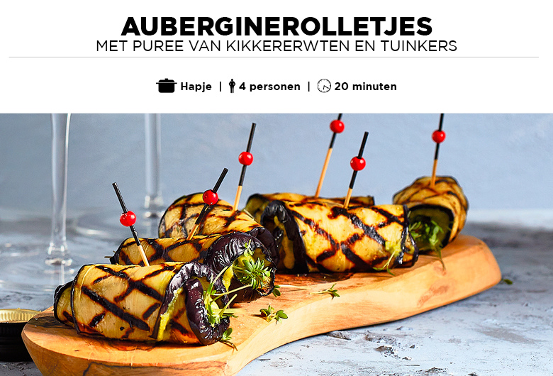 Auberginerolletjes met puree van kikkererwten en tuinkers
