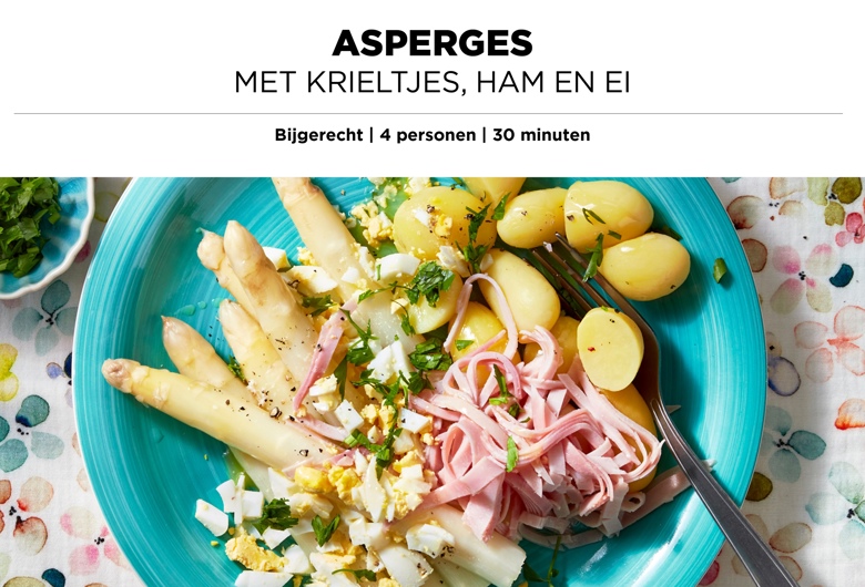 Asperges met krieltjes, ham en ei
