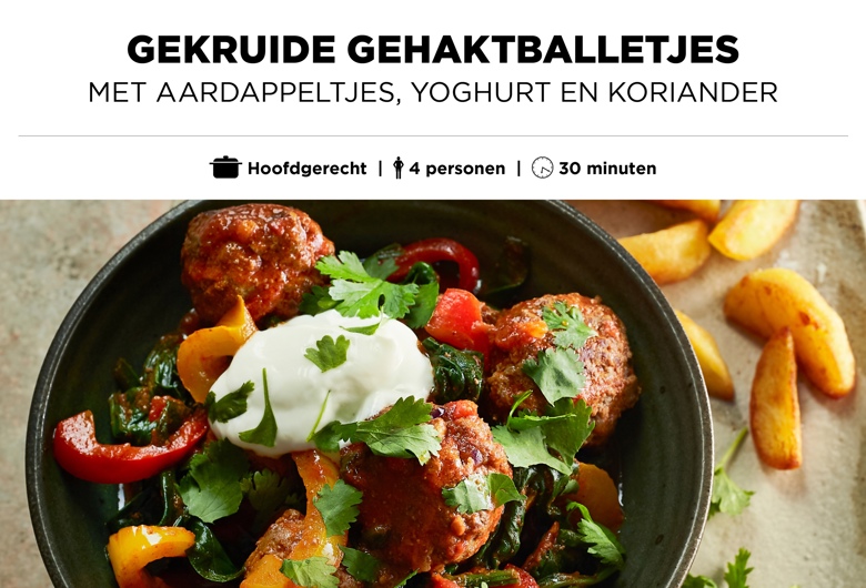 GEKRUIDE GEHAKTBALLETJES MET AARDAPPELTJES, YOGHURT EN KORIANDER