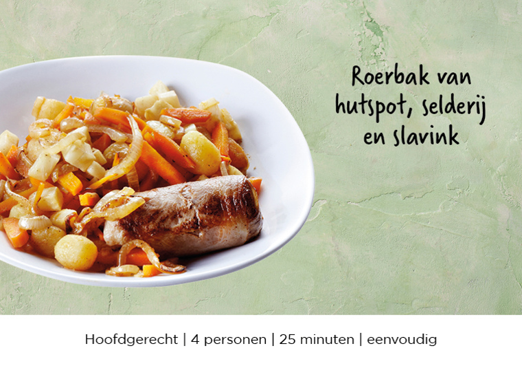 Roerbak van hutspot, selderij en slavink