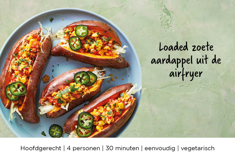 Loaded zoete aardappel uit de airfryer