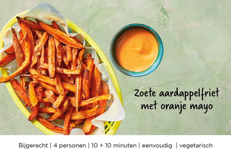Zoete aardappelfriet met oranje mayo