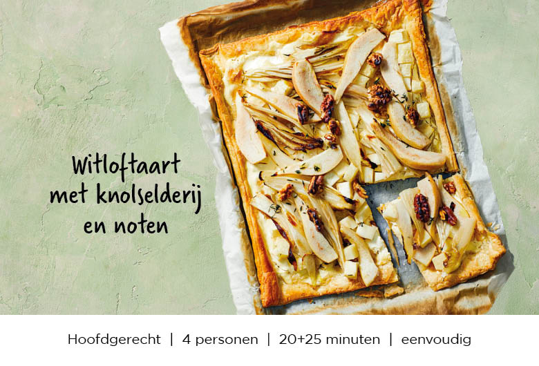 Witloftaart met knolselderij en noten