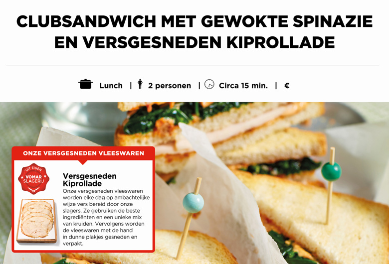 Clubsandwich met gewokte spinazie en versgesneden kiprollade
