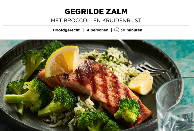 Gegrilde zalm met broccoli en kruidenrijst