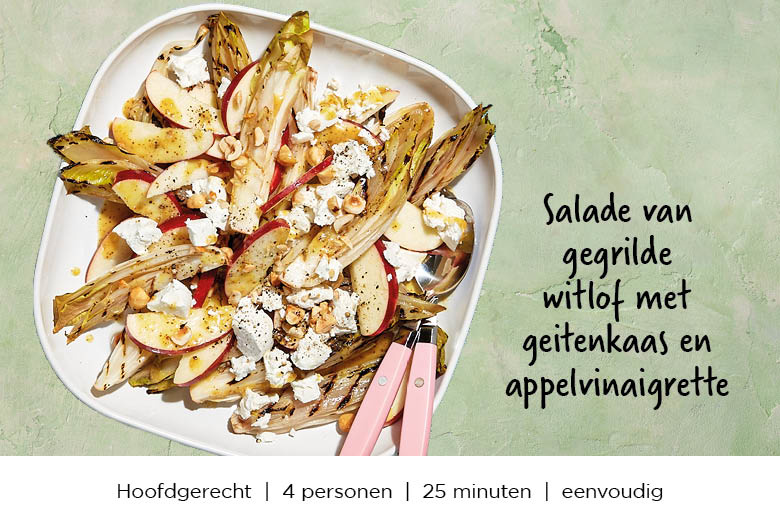 Salade van gegrilde witlof met geitenkaas en appelvinaigrette